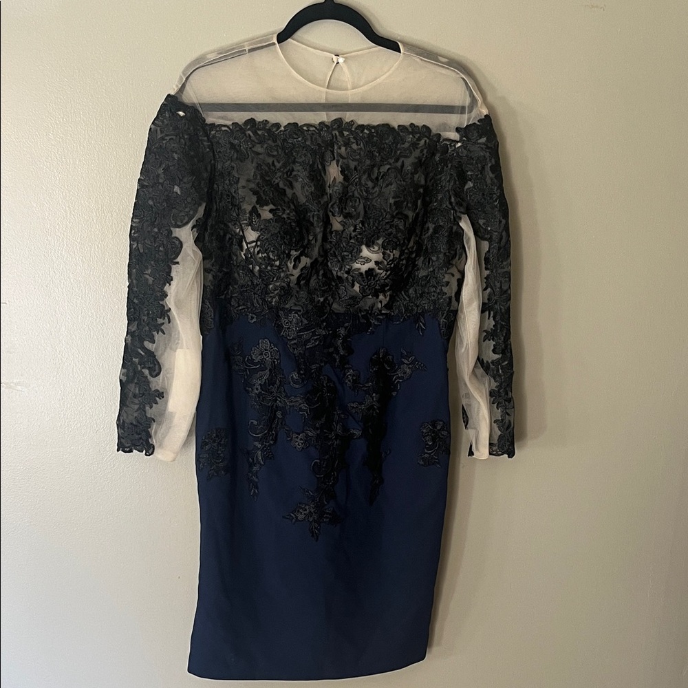 Elegant Navy and Black Lace Long Sleeve Dress
